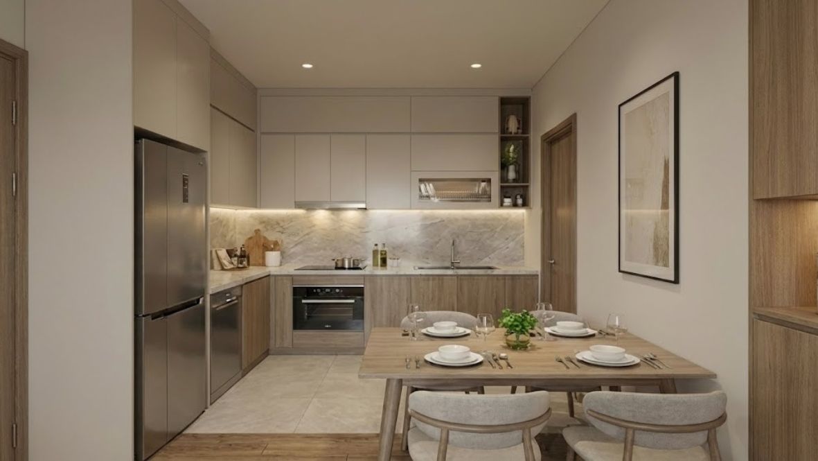 Hệ thống bếp hiện đại với thiết bị Hafele được bàn giao sẵn tại Masteri Peninsula