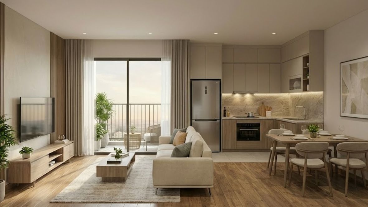 Không gian phòng khách sang trọng tại căn hộ mẫu Masteri Peninsula với tiêu chuẩn bàn giao cao cấp