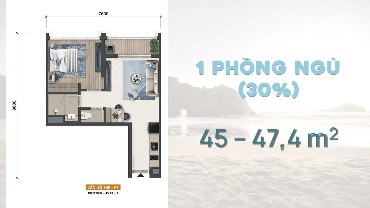 Căn Hộ Blanca City Vũng Tàu | Dự Án Blanca City Vũng Tàu 14 Layout thiet ke can ho 1 Phong Ngu dien tich 45m2 474m2 du an Blanca City Sun Group 1536x864 1