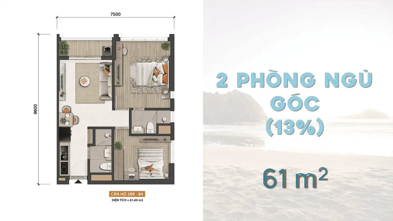 Căn Hộ Blanca City Vũng Tàu | Dự Án Blanca City Vũng Tàu 16 Layout thiet ke can ho 2 Phong Ngu Goc dien tich 61m2 du an Blanca City Sun Group 1536x864 1